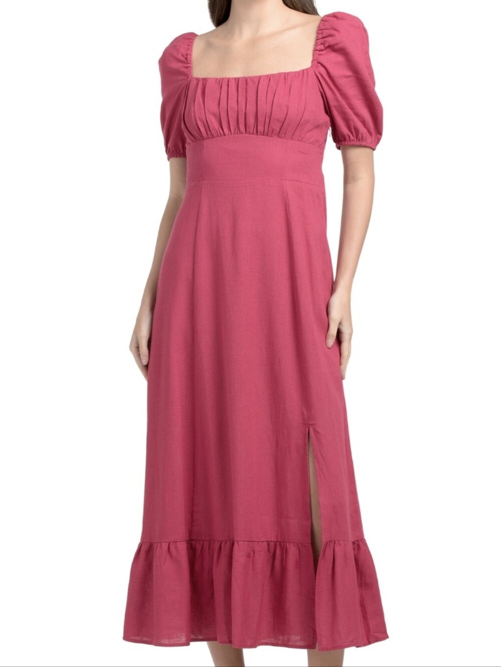 NWT- London Times Linen Blend Puff-Sleeve Square Neck Sangria Midi Dress-Size 16